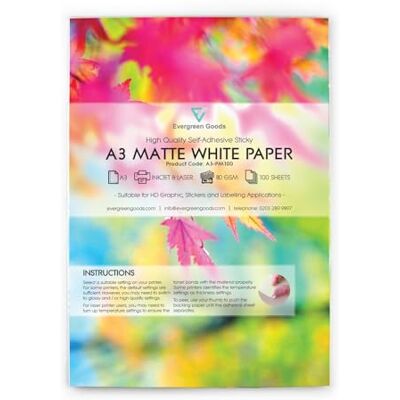 EVG Evergreen Goods Lot de 100 Feuilles de Papier Autocollant Mat Durable Imprimantes à Jet d'Encre et Laser Papier Imprimable à Dos Adhésif Idéal Étiquettes Personnalisées, Panneaux - Publicité EVG Evergreen Goods Lot de 100 Feuilles de Papier Autocollant Mat Durable Imprimantes à Jet d'Encre et Laser Papier Imprimable à Dos Adhésif Idéal Étiquettes Personnalisées, Panneaux - Publicité