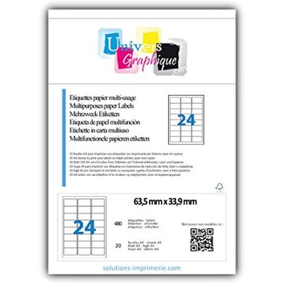 UNIVERS GRAPHIQUE 20 planches de 24 = 480 étiquettes autocollantes papier adhésif blanc 63,5 x 33,9 mm compatible mon timbre en ligne ou FBA AMAZON- (L7159) TVA DÉDUCTIBLE - Publicité UNIVERS GRAPHIQUE 20 planches de 24 = 480 étiquettes autocollantes papier adhésif blanc 63,5 x 33,9 mm compatible mon timbre en ligne ou FBA AMAZON- (L7159) TVA DÉDUCTIBLE - Publicité