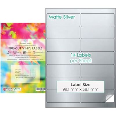 EVG Evergreen Goods A4 Argent Imperméable Prédécoupées Étiquettes 10 Feuilles Mat Autocollantes Multiusages Impression Jet d'Encre/Laser 14 Étiquettes par Feuille (2x7), 140 au Total - Publicité EVG Evergreen Goods A4 Argent Imperméable Prédécoupées Étiquettes 10 Feuilles Mat Autocollantes Multiusages Impression Jet d'Encre/Laser 14 Étiquettes par Feuille (2x7), 140 au Total - Publicité