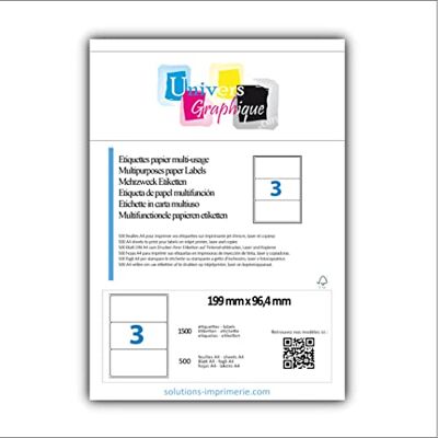 UNIVERS GRAPHIQUE 500 Planches A4 de 3 grandes étiquettes 199.6 x 96.4 mm = 1500 étiquette adhésive papier Blanc Mat pour imprimante Laser et encre étiquette autocollante pour expédition colis, caisse, dos de dossier - Publicité UNIVERS GRAPHIQUE 500 Planches A4 de 3 grandes étiquettes 199.6 x 96.4 mm = 1500 étiquette adhésive papier Blanc Mat pour imprimante Laser et encre étiquette autocollante pour expédition colis, caisse, dos de dossier - Publicité
