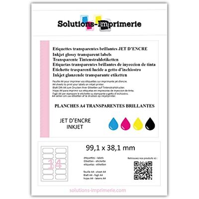 UNIVERS GRAPHIQUE Etiquettes polyester transparentes brillantes pour imprimante jet d’encre 99,1 x 38,1 mm Lot de 5 planches de 14 étiquettes - Publicité UNIVERS GRAPHIQUE Etiquettes polyester transparentes brillantes pour imprimante jet d’encre 99,1 x 38,1 mm Lot de 5 planches de 14 étiquettes - Publicité