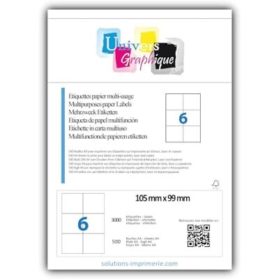UNIVERS GRAPHIQUE Etiquettes Adhésives 3000 étiquettes 105 X 99 mm Blanc Mat pour imprimantes Laser et Jet d'encre 500 Feuilles A4 autocollantes référence univers UGE006V1 - Publicité UNIVERS GRAPHIQUE Etiquettes Adhésives 3000 étiquettes 105 X 99 mm Blanc Mat pour imprimantes Laser et Jet d'encre 500 Feuilles A4 autocollantes référence univers UGE006V1 - Publicité