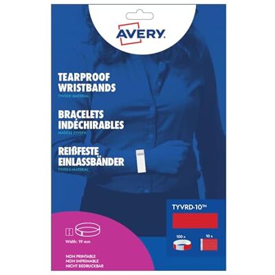 Avery TYVRD-10 Sachet de 100 bracelets papier TYVEK®, largeur 19mm Rouge 100 Bracelets en papier Tyvek® Rouge Fluo - Publicité Avery TYVRD-10 Sachet de 100 bracelets papier TYVEK®, largeur 19mm Rouge 100 Bracelets en papier Tyvek® Rouge Fluo - Publicité