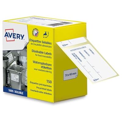 Avery 150 Étiquettes Hydrosolubles Traçabilité Pré Imprimées en Rouleau Blanches Format 70 x 40 mm Utilisation professionnelle (Restaurant) ou à la Maison - Publicité Avery 150 Étiquettes Hydrosolubles Traçabilité Pré Imprimées en Rouleau Blanches Format 70 x 40 mm Utilisation professionnelle (Restaurant) ou à la Maison - Publicité