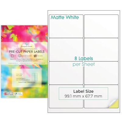 EVG Evergreen Goods Pack de 100 feuilles A4 multi-étiquettes (2 x 4, 8 par feuille: 800 étiquettes au total) Blanc mat en papier auto-adhésif, étiquettes multi-usages, imprimables jet d'encre et laser - Publicité EVG Evergreen Goods Pack de 100 feuilles A4 multi-étiquettes (2 x 4, 8 par feuille: 800 étiquettes au total) Blanc mat en papier auto-adhésif, étiquettes multi-usages, imprimables jet d'encre et laser - Publicité