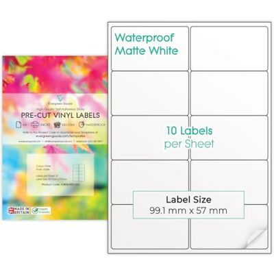 EVG Evergreen Goods Étiquettes A4 Blanc Imperméable Vinyle 10 Feuilles - Publicité EVG Evergreen Goods Étiquettes A4 Blanc Imperméable Vinyle 10 Feuilles - Publicité