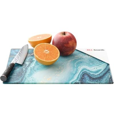 ALLboards Planche à Découper & Plateau en Verre 30x20cm avec Motif BLEU ET OR - Publicité ALLboards Planche à Découper & Plateau en Verre 30x20cm avec Motif BLEU ET OR - Publicité