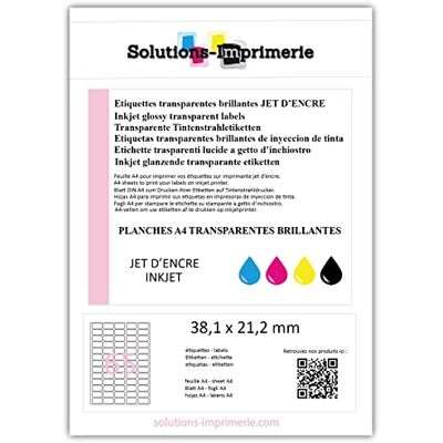 UNIVERS GRAPHIQUE Etiquettes polyester transparentes brillantes pour imprimante jet d’encre 38,1 x 21,2 mm Lot de 5 planches de 65 étiquettes - Publicité UNIVERS GRAPHIQUE Etiquettes polyester transparentes brillantes pour imprimante jet d’encre 38,1 x 21,2 mm Lot de 5 planches de 65 étiquettes - Publicité