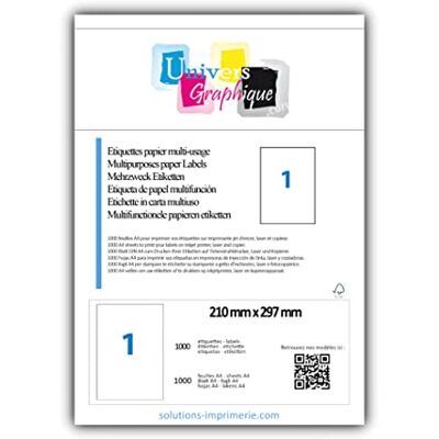 UNIVERS GRAPHIQUE 1000 feuilles A4 papier adhésif blanc Étiquette autocollante A4 210 x 297 mm planche adhésive permanente de 1 grande étiquette pour imprimante laser et jet d’encre étiquetage scrapbooking affiche - Publicité UNIVERS GRAPHIQUE 1000 feuilles A4 papier adhésif blanc Étiquette autocollante A4 210 x 297 mm planche adhésive permanente de 1 grande étiquette pour imprimante laser et jet d’encre étiquetage scrapbooking affiche - Publicité