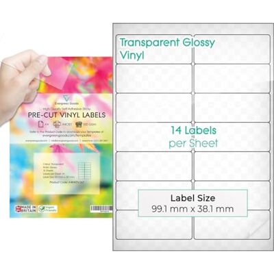 EVG Evergreen Goods A4 Transparent Étiquettes Prédécoupées 10 Feuilles Brillant, Dos Autocollant Imprimables Jet d'Encre 14 Étiquettes par Feuille (2x7), 140 au Total - Publicité EVG Evergreen Goods A4 Transparent Étiquettes Prédécoupées 10 Feuilles Brillant, Dos Autocollant Imprimables Jet d'Encre 14 Étiquettes par Feuille (2x7), 140 au Total - Publicité