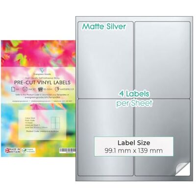 EVG Evergreen Goods A4 Argent Imperméable Prédécoupées Étiquettes 10 Feuilles Autocollantes Mat Impression Jet d'Encre/Laser Imprimable 4 Étiquettes par Feuille, 2x2, 40 au Total - Publicité EVG Evergreen Goods A4 Argent Imperméable Prédécoupées Étiquettes 10 Feuilles Autocollantes Mat Impression Jet d'Encre/Laser Imprimable 4 Étiquettes par Feuille, 2x2, 40 au Total - Publicité