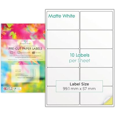 EVG Evergreen Goods Pack de 50 feuilles A4 multi-étiquettes (2 x 5, 10 par feuille: 500 étiquettes au total) Blanc mat en papier auto-adhésif, étiquettes multi-usages, imprimables jet d'encre et laser - Publicité EVG Evergreen Goods Pack de 50 feuilles A4 multi-étiquettes (2 x 5, 10 par feuille: 500 étiquettes au total) Blanc mat en papier auto-adhésif, étiquettes multi-usages, imprimables jet d'encre et laser - Publicité