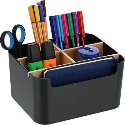 Relaxdays Organiseur de Bureau, 5 Compartiments, Plastique et Bois, Moderne, HxLxP : 9,5 x 18 x 15 cm, Noir - Publicité Relaxdays Organiseur de Bureau, 5 Compartiments, Plastique et Bois, Moderne, HxLxP : 9,5 x 18 x 15 cm, Noir - Publicité