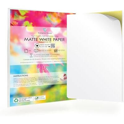 EVG Evergreen Goods Lot de 30 feuilles de adhésif papier autocollant blanc mat A4 imprimables à jet d'encre et au laser Fabrication d'autocollants, artisanat, machines de trace, étiquettes de produit - Publicité EVG Evergreen Goods Lot de 30 feuilles de adhésif papier autocollant blanc mat A4 imprimables à jet d'encre et au laser Fabrication d'autocollants, artisanat, machines de trace, étiquettes de produit - Publicité