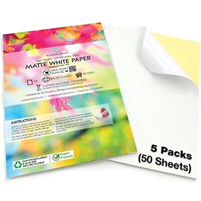EVG Evergreen Goods Lot de 50 Feuilles A4 Blanches Autocollantes Imprimable Mat Jet d'Encre & Laser Forte Adhérence Idéal pour Étiquettes, Stickers, Bureaux & Artisanat - Publicité EVG Evergreen Goods Lot de 50 Feuilles A4 Blanches Autocollantes Imprimable Mat Jet d'Encre & Laser Forte Adhérence Idéal pour Étiquettes, Stickers, Bureaux & Artisanat - Publicité