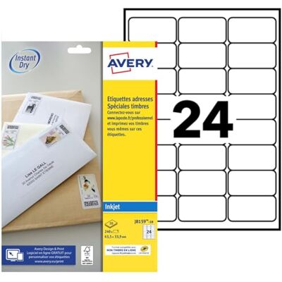 Avery Étiquettes Adresse Autocollantes Blanches 240 Timbres Personnalisables 63,5 x 33,9 mm Impression Jet d'Encre - Publicité Avery Étiquettes Adresse Autocollantes Blanches 240 Timbres Personnalisables 63,5 x 33,9 mm Impression Jet d'Encre - Publicité
