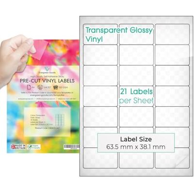 EVG Evergreen Goods A4 Transparent Brillant Prédécoupées Étiquettes 10 Feuilles Dos Autocollant Imprimables à Jet d'Encre 21 Étiquettes par Feuille (3x7) 210 au Total - Publicité EVG Evergreen Goods A4 Transparent Brillant Prédécoupées Étiquettes 10 Feuilles Dos Autocollant Imprimables à Jet d'Encre 21 Étiquettes par Feuille (3x7) 210 au Total - Publicité