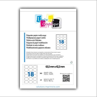 UNIVERS GRAPHIQUE 20 Planches de 18 étiquettes ovale 63.5 x 42.3 mm = 360 etiquettes Blanc Mat pour imprimantes Laser et Jet d'encre Feuilles A4 autocollantes référence univers UGE18OV1 Code logiciel L7101 - Publicité UNIVERS GRAPHIQUE 20 Planches de 18 étiquettes ovale 63.5 x 42.3 mm = 360 etiquettes Blanc Mat pour imprimantes Laser et Jet d'encre Feuilles A4 autocollantes référence univers UGE18OV1 Code logiciel L7101 - Publicité