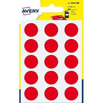 Avery Sachet de 90 pastilles rouges autocollantes. Diamètre 19 mm. Publicité Avery Sachet de 90 pastilles rouges autocollantes. Diamètre 19 mm. Publicité