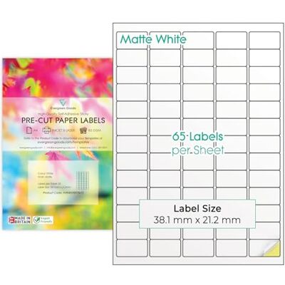 EVG Evergreen Goods Pack de 100 feuilles A4 multi-étiquettes (5 x 13, 65 par feuille: 6500 étiquettes au total) Blanc mat en papier auto-adhésif, étiquettes multi-usages, imprimables jet d'encre et laser - Publicité EVG Evergreen Goods Pack de 100 feuilles A4 multi-étiquettes (5 x 13, 65 par feuille: 6500 étiquettes au total) Blanc mat en papier auto-adhésif, étiquettes multi-usages, imprimables jet d'encre et laser - Publicité