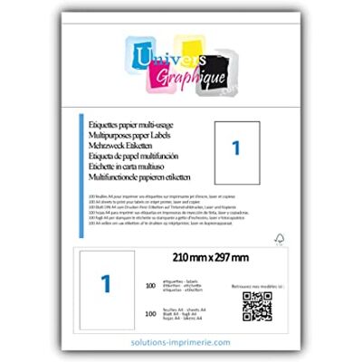 UNIVERS GRAPHIQUE 100 feuilles A4 papier adhésif blanc Étiquette autocollante 210 x 297 mm planche adhésive permanente de 1 etiquette marque UGEA4 pour imprimante laser et jet d’encre tva déductible - Publicité UNIVERS GRAPHIQUE 100 feuilles A4 papier adhésif blanc Étiquette autocollante 210 x 297 mm planche adhésive permanente de 1 etiquette marque UGEA4 pour imprimante laser et jet d’encre tva déductible - Publicité