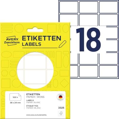 Avery Lot de 522 étiquettes autocollantes multi-usages 38 x 24 mm (Import Allemagne) - Publicité Avery Lot de 522 étiquettes autocollantes multi-usages 38 x 24 mm (Import Allemagne) - Publicité
