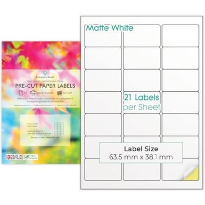 EVG Evergreen Goods Pack de 100 feuilles A4 multi-étiquettes (3 x 7, 21 par feuille: 2100 étiquettes au total) Blanc mat en papier auto-adhésif, étiquettes multi-usages, imprimables jet d'encre et laser - Publicité EVG Evergreen Goods Pack de 100 feuilles A4 multi-étiquettes (3 x 7, 21 par feuille: 2100 étiquettes au total) Blanc mat en papier auto-adhésif, étiquettes multi-usages, imprimables jet d'encre et laser - Publicité
