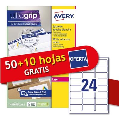 Avery L7159-60P Étiquettes adhésives en papier blanc, 50+10 feuilles supplémentaires, rectangulaires 63,5 x 33,9 mm, 24 étiquettes par feuille, autocollant permanent, imprimantes laser - Publicité Avery L7159-60P Étiquettes adhésives en papier blanc, 50+10 feuilles supplémentaires, rectangulaires 63,5 x 33,9 mm, 24 étiquettes par feuille, autocollant permanent, imprimantes laser - Publicité