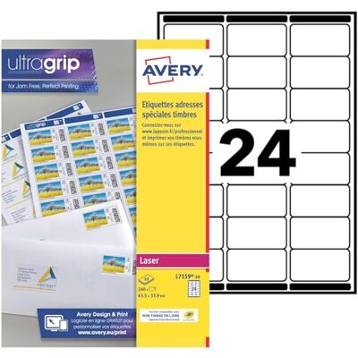 Avery 240 Étiquettes Adresse Autocollantes Blanches 63,5 x 33,9 mm Feuilles Compatibles Imprimantes Laser Étiquettes Postales pour Courrier, Envoi Colis, Bureau et Organisation - Publicité Avery 240 Étiquettes Adresse Autocollantes Blanches 63,5 x 33,9 mm Feuilles Compatibles Imprimantes Laser Étiquettes Postales pour Courrier, Envoi Colis, Bureau et Organisation - Publicité
