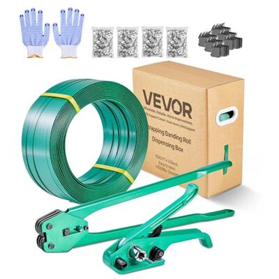 VEVOR Kit Cerclage Feuillard PET 457 m Kit Cerclage Palette avec Outil et Tendeur pour Emballage Entrepôts Déménagement Stockage Transport Marchandises, 450 Scellés Métal, 150 Protections Angle, Gants - Publicité VEVOR Kit Cerclage Feuillard PET 457 m Kit Cerclage Palette avec Outil et Tendeur pour Emballage Entrepôts Déménagement Stockage Transport Marchandises, 450 Scellés Métal, 150 Protections Angle, Gants - Publicité