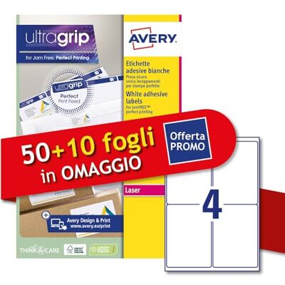 Avery L7169-60P Étiquettes adhésives en papier blanc, 50+10 feuilles supplémentaires, rectangulaires 99,1 x 139 mm, 4 étiquettes par feuille, autocollant permanent, imprimantes laser - Publicité Avery L7169-60P Étiquettes adhésives en papier blanc, 50+10 feuilles supplémentaires, rectangulaires 99,1 x 139 mm, 4 étiquettes par feuille, autocollant permanent, imprimantes laser - Publicité
