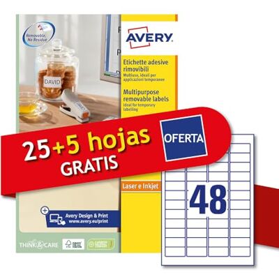 Avery L4736REV-30P Étiquettes adhésives papier blanc adhésif amovible sans résidu, 25+5 feuilles supplémentaires, rectangulaires 45,7 x 21,2 mm, 48 étiquettes par feuille, autocollant amovible, - Publicité Avery L4736REV-30P Étiquettes adhésives papier blanc adhésif amovible sans résidu, 25+5 feuilles supplémentaires, rectangulaires 45,7 x 21,2 mm, 48 étiquettes par feuille, autocollant amovible, - Publicité