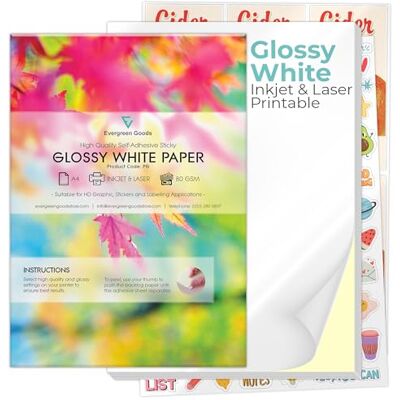 EVG Lot de 50 feuilles de papier autocollant A4 blanc brillant imprimable Evergreen Goods™ Pour graphiques, étiquettes de produits - Publicité EVG Lot de 50 feuilles de papier autocollant A4 blanc brillant imprimable Evergreen Goods™ Pour graphiques, étiquettes de produits - Publicité