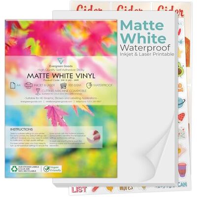 EVG Evergreen Goods Blanc Mat Imperméable Vinyle Autocollant 10 Feuilles - Publicité EVG Evergreen Goods Blanc Mat Imperméable Vinyle Autocollant 10 Feuilles - Publicité