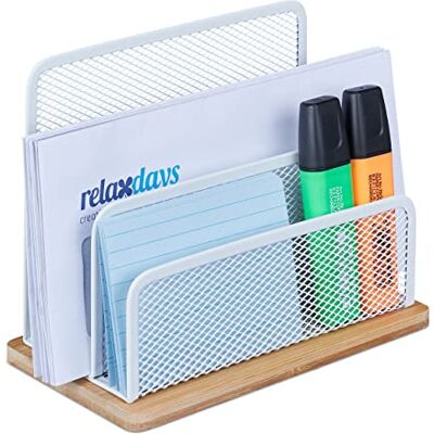Relaxdays Porte-Lettres métal et Bambou, 3 rangements, HxLxP: 15x18,5x10cm, pour Bureau, Range-Documents, Blanc Nature - Publicité Relaxdays Porte-Lettres métal et Bambou, 3 rangements, HxLxP: 15x18,5x10cm, pour Bureau, Range-Documents, Blanc Nature - Publicité