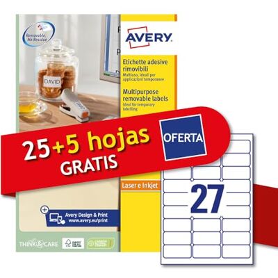 Avery L4737REV-30P Étiquettes adhésives papier blanc adhésif amovible sans résidu, 25+5 feuilles supplémentaires, rectangulaires 63,5 x 29,6 mm, 27 étiquettes par feuille, autocollant amovible, - Publicité Avery L4737REV-30P Étiquettes adhésives papier blanc adhésif amovible sans résidu, 25+5 feuilles supplémentaires, rectangulaires 63,5 x 29,6 mm, 27 étiquettes par feuille, autocollant amovible, - Publicité