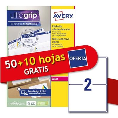 Avery L7168-60P Étiquettes adhésives en papier blanc, 50+10 feuilles supplémentaires, rectangulaires 199,6 x 143,5 mm, 2 étiquettes par feuille, autocollant permanent, imprimantes laser - Publicité Avery L7168-60P Étiquettes adhésives en papier blanc, 50+10 feuilles supplémentaires, rectangulaires 199,6 x 143,5 mm, 2 étiquettes par feuille, autocollant permanent, imprimantes laser - Publicité
