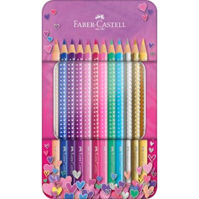 Faber-Castell Crayons Sparkle, 12 couleurs, étui métallique Crayons de couleur triangulaires et incassables au design pailleté pour enfants et adultes - Publicité Faber-Castell Crayons Sparkle, 12 couleurs, étui métallique Crayons de couleur triangulaires et incassables au design pailleté pour enfants et adultes - Publicité