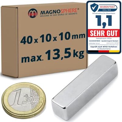 Magnosphere 5 x Aimant rectangulaire Bloc magnétique 40 x 10 x 10mm Néodyme (NdFeB) Nickelé Force 13,5 kg Parallélépipède magnétique 5 pièces Aimants super puissants pour l'industrie et la maison - Publicité Magnosphere 5 x Aimant rectangulaire Bloc magnétique 40 x 10 x 10mm Néodyme (NdFeB) Nickelé Force 13,5 kg Parallélépipède magnétique 5 pièces Aimants super puissants pour l'industrie et la maison - Publicité