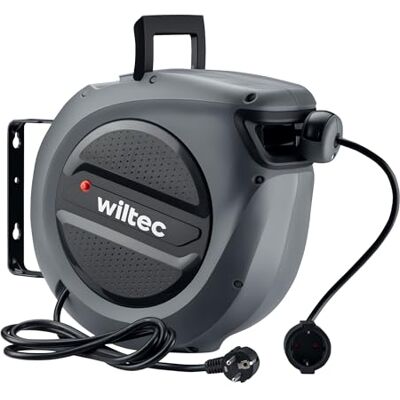WilTec Enrouleur de câble – Longueur de 15 m + 1,5 m – Pour fixation murale – Crochet pivtotant 180° – Protection thermique – Dérouleur électrique automatique - Publicité WilTec Enrouleur de câble – Longueur de 15 m + 1,5 m – Pour fixation murale – Crochet pivtotant 180° – Protection thermique – Dérouleur électrique automatique - Publicité
