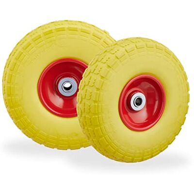 Relaxdays Roue de diable, lot de 8, caoutchouc, 260x85 mm, increvables, 16 mm, 4.1/3.5-4 essieu, jusqu'à 150 kg, jaune-rouge - Publicité Relaxdays Roue de diable, lot de 8, caoutchouc, 260x85 mm, increvables, 16 mm, 4.1/3.5-4 essieu, jusqu'à 150 kg, jaune-rouge - Publicité