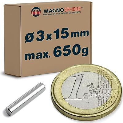 Magnosphere 60 x Aimant cylindrique Barre magnétique ronde Ø 3 x 15 mm Néodyme N40 (NdFeB) Nickelé Force 650 g 60 pièces Aimants permanents de Terres Rares - Publicité Magnosphere 60 x Aimant cylindrique Barre magnétique ronde Ø 3 x 15 mm Néodyme N40 (NdFeB) Nickelé Force 650 g 60 pièces Aimants permanents de Terres Rares - Publicité