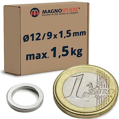 Magnosphere 40 x Aimant, Anneau magnétique Ø 12/9 x 1,5 mm Néodyme N45 (NdFeB) níquel Force d'adhérence 1,5kg 40 pièces Aimants permanents puissants en Forme d'anneau de Terres Rares - Publicité Magnosphere 40 x Aimant, Anneau magnétique Ø 12/9 x 1,5 mm Néodyme N45 (NdFeB) níquel Force d'adhérence 1,5kg 40 pièces Aimants permanents puissants en Forme d'anneau de Terres Rares - Publicité