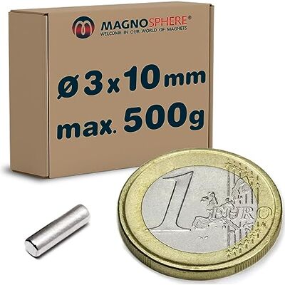 Magnosphere 100 x Aimant cylindrique Barre magnétique ronde Ø 3 x 10 mm Néodyme N45 (NdFeB) Nickelé Force 500 g 100 pièces Aimants permanents de Terres Rares - Publicité Magnosphere 100 x Aimant cylindrique Barre magnétique ronde Ø 3 x 10 mm Néodyme N45 (NdFeB) Nickelé Force 500 g 100 pièces Aimants permanents de Terres Rares - Publicité