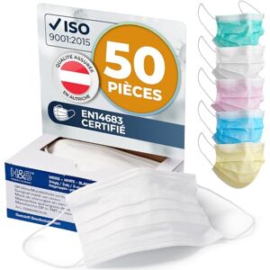ISC Hygiene & Safety Masques Chirurgicaux ISC H&S, 3 couches, fixations élastiques à l'oreille, lot de 50 masques jetables couleur (blanc) - Publicité ISC Hygiene & Safety Masques Chirurgicaux ISC H&S, 3 couches, fixations élastiques à l'oreille, lot de 50 masques jetables couleur (blanc) - Publicité