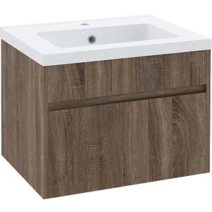 kleankin Meuble de lavabo de 60 cm avec évier en céramique, meuble de salle de bain suspendu en bois avec tiroir à fermeture amortie, marron clair - Publicité kleankin Meuble de lavabo de 60 cm avec évier en céramique, meuble de salle de bain suspendu en bois avec tiroir à fermeture amortie, marron clair - Publicité