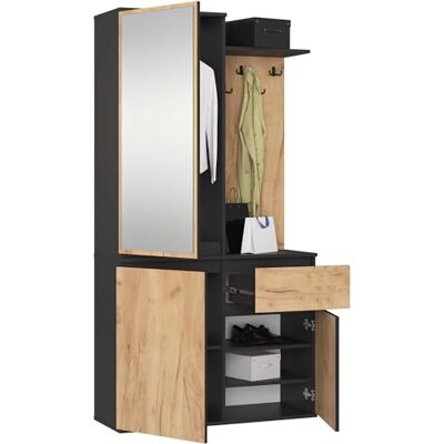 AKORD Ensemble de Vestiaire d'Entrée avec Miroir 95 cm, 3 Portes, 1 Tiroir, 7 Étagères Meuble d'Entrée Optimum pour Petits Espaces Couloir ou Entrée Étroit Noir & Chêne-Craft - Publicité AKORD Ensemble de Vestiaire d'Entrée avec Miroir 95 cm, 3 Portes, 1 Tiroir, 7 Étagères Meuble d'Entrée Optimum pour Petits Espaces Couloir ou Entrée Étroit Noir & Chêne-Craft - Publicité