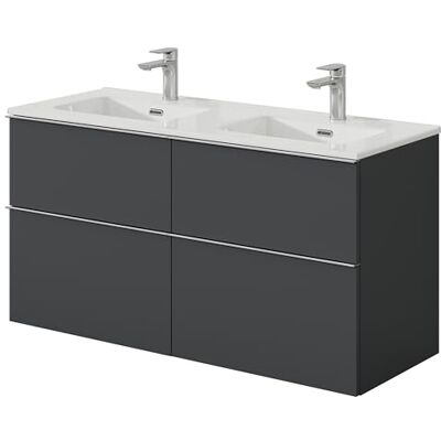 Bernstein Meuble double vasque suspendu salle de bain MDF Anthracite mat, lavabos céramique Blanc brillant, poignée métal Chrome + trous robinet 121x64x47cm LAVOA - Publicité Bernstein Meuble double vasque suspendu salle de bain MDF Anthracite mat, lavabos céramique Blanc brillant, poignée métal Chrome + trous robinet 121x64x47cm LAVOA - Publicité
