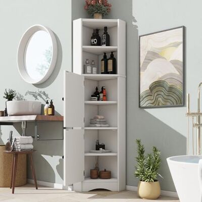 Merax Armoire de salle de bain triangulaire, 51,7 x 32 x 155,4 cm, meuble d'angle avec 2 portes et compartiments ouverts, séparateurs réglables, peinture résistante à l'humidité, blanche - Publicité Merax Armoire de salle de bain triangulaire, 51,7 x 32 x 155,4 cm, meuble d'angle avec 2 portes et compartiments ouverts, séparateurs réglables, peinture résistante à l'humidité, blanche - Publicité
