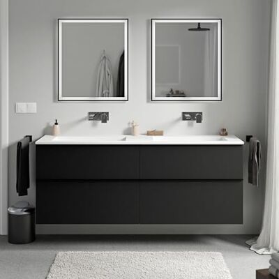 Bernstein Meuble vasque suspendu salle de bain MDF Noir mat, lavabo fonte minérale Blanc mat sans trou robinet, poignée métal Noir mat 160x46x62cm LAVOA - Publicité Bernstein Meuble vasque suspendu salle de bain MDF Noir mat, lavabo fonte minérale Blanc mat sans trou robinet, poignée métal Noir mat 160x46x62cm LAVOA - Publicité